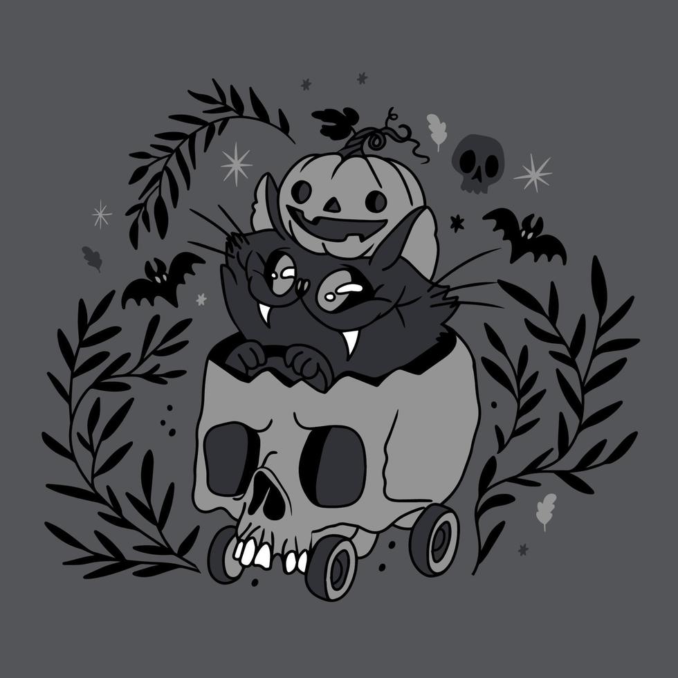 Beautiful background, cute cat sitting in a skull stroller with a pumpkin vector