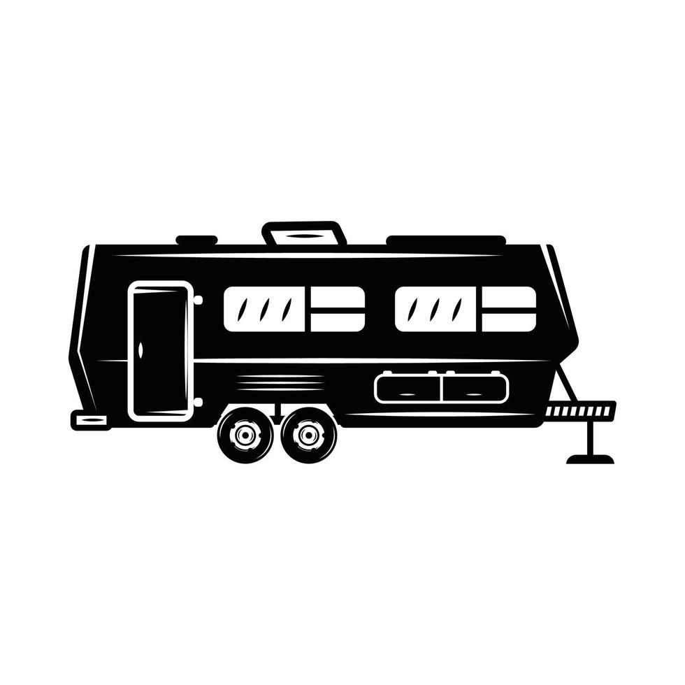 furgoneta retro vintage para acampar. se puede usar como emblema, logotipo, insignia, etiqueta. marca, cartel o impresión. arte gráfico monocromático. vector