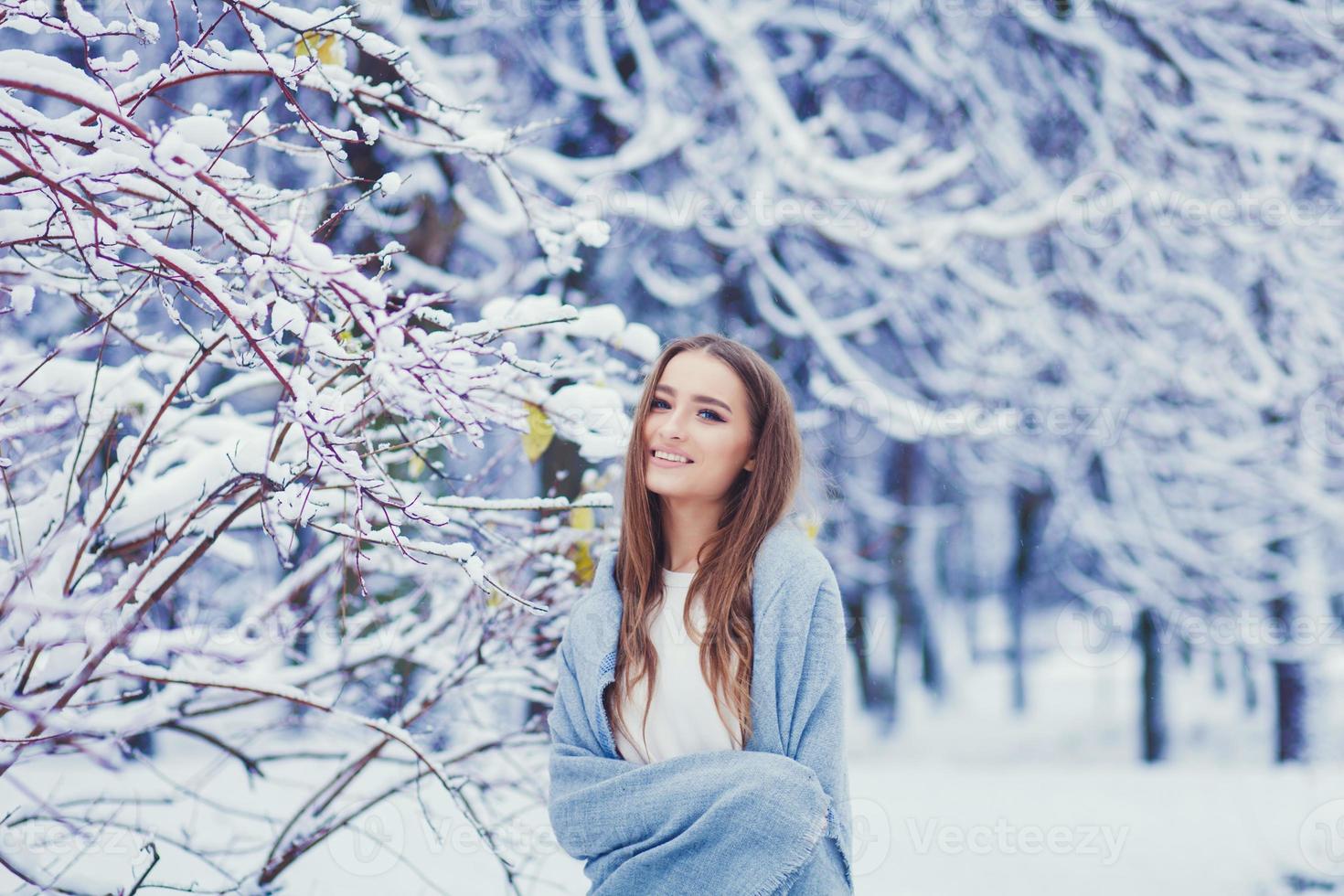 Portrait of happy woman at winter day photo