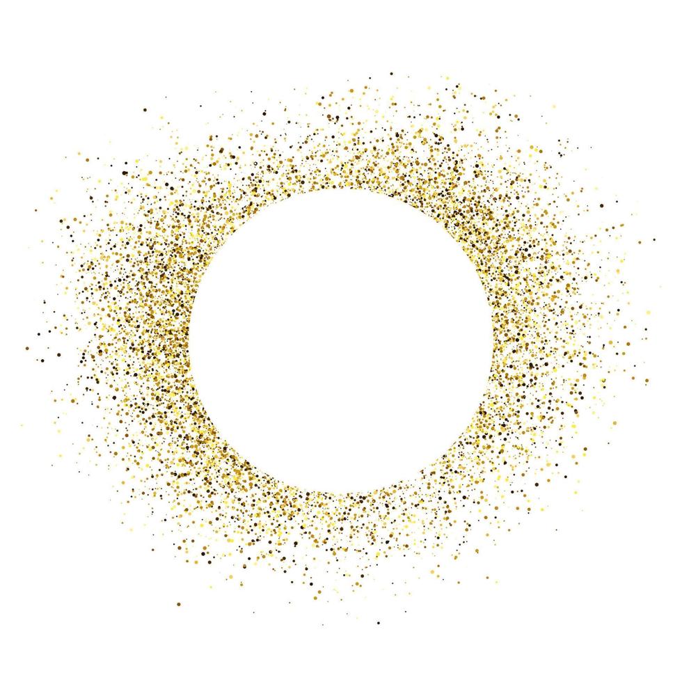 Greeting card with white round frame on golden glitter background. Empty white background. Vector illustration.