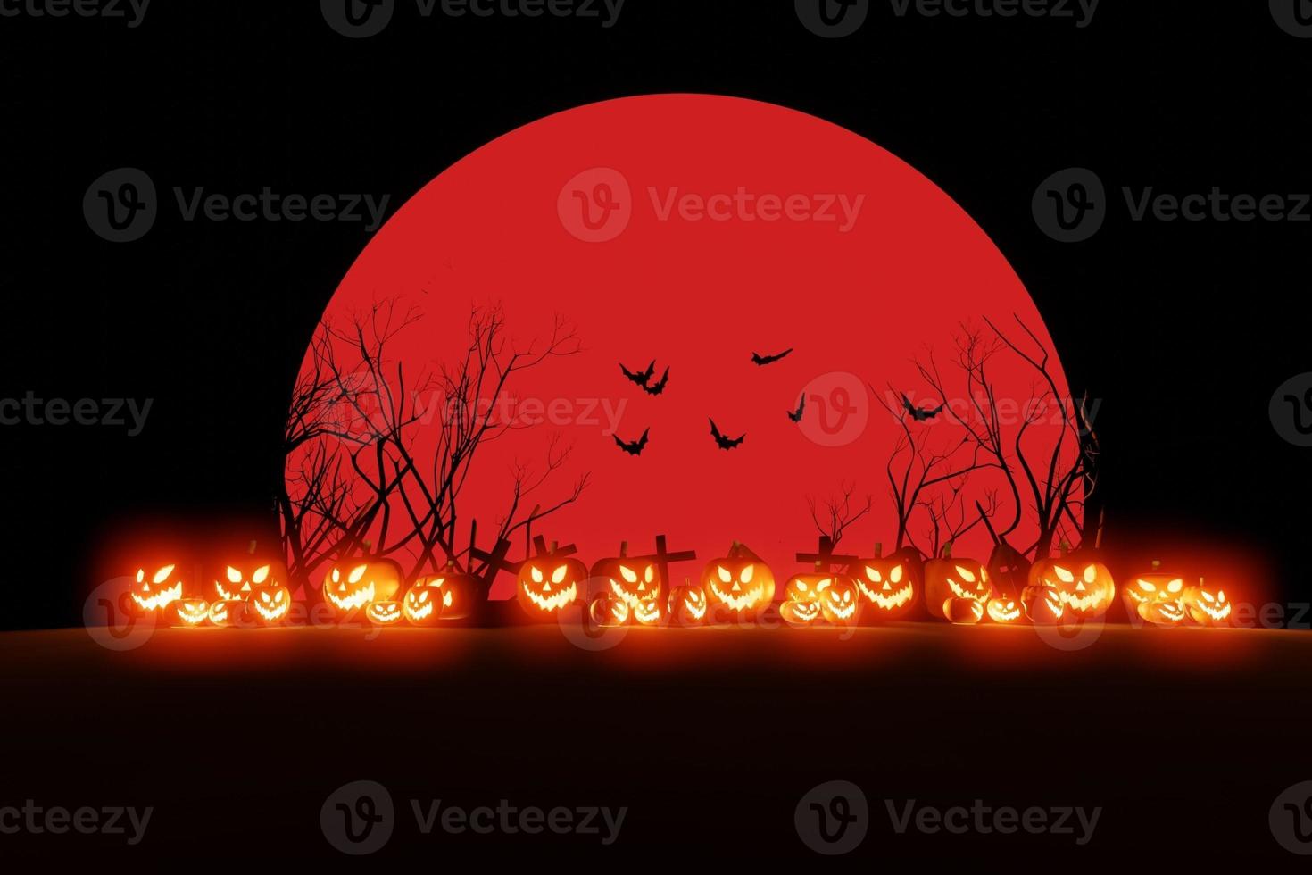 Halloween pumpkins smile and scary eyes with bats and graves backdrop. with a big pink moon, 3d render, banner. photo
