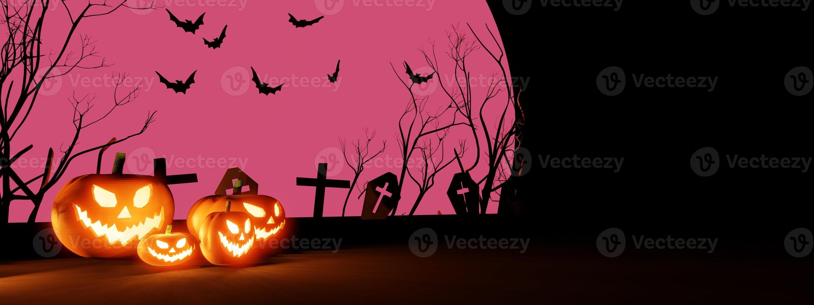 Halloween pumpkins smile and scary eyes with bats and graves backdrop. with a big pink moon, 3d render, banner. photo