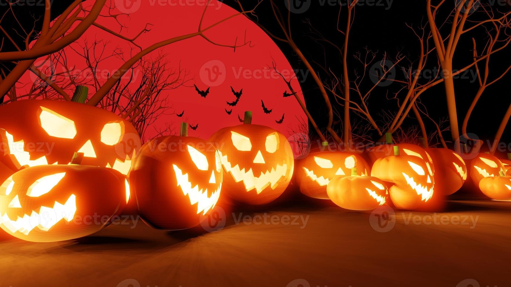 Halloween pumpkins smile and scary eyes with bats and graves backdrop. with a big pink moon, 3d render, banner. photo