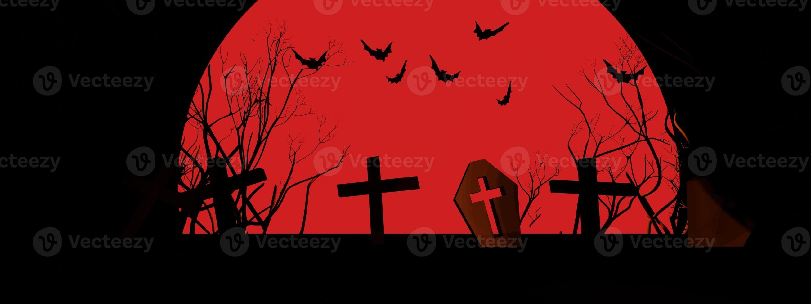 Halloween pumpkins smile and scary eyes with bats and graves backdrop. with a big pink moon, 3d render, banner. photo