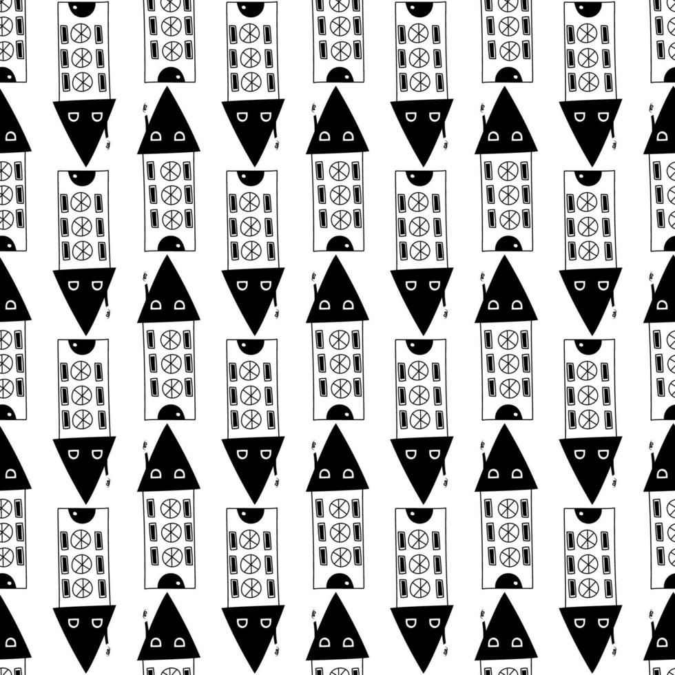 Seamless hand drawn doodle black and white contour houses pattern for kids, fabric, prints vector