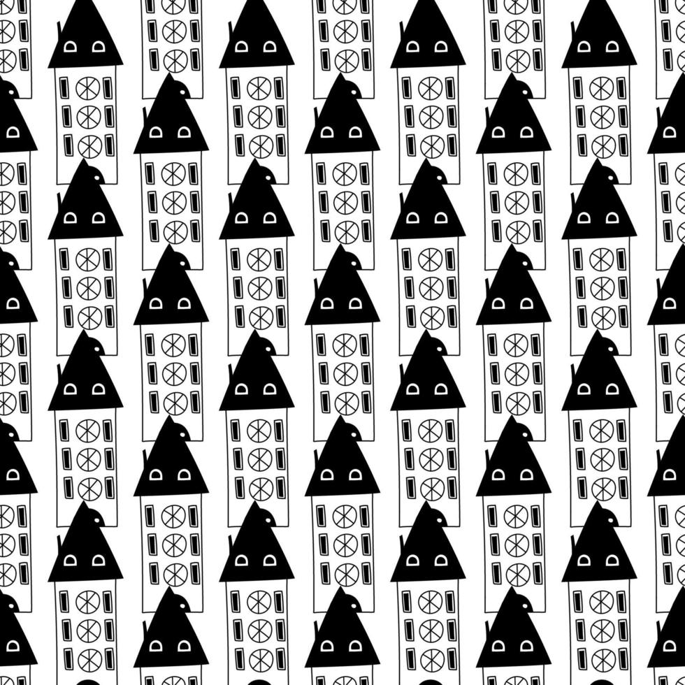 Seamless hand drawn doodle black and white houses pattern for kids, fabric, prints vector