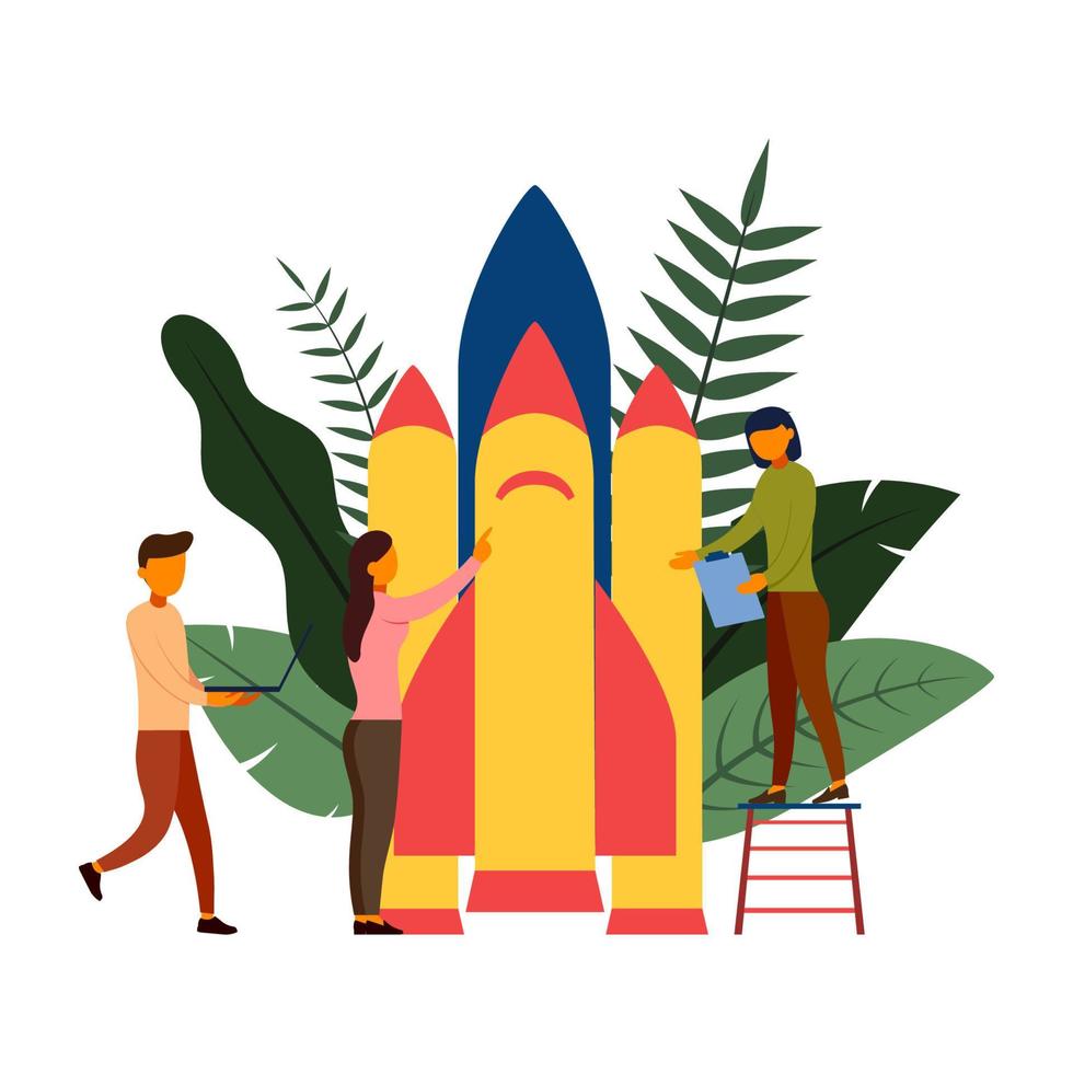 People are building a spaceship rocket, vector illustration