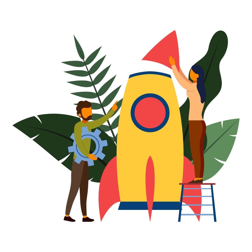 People are building a spaceship rocket, vector illustration