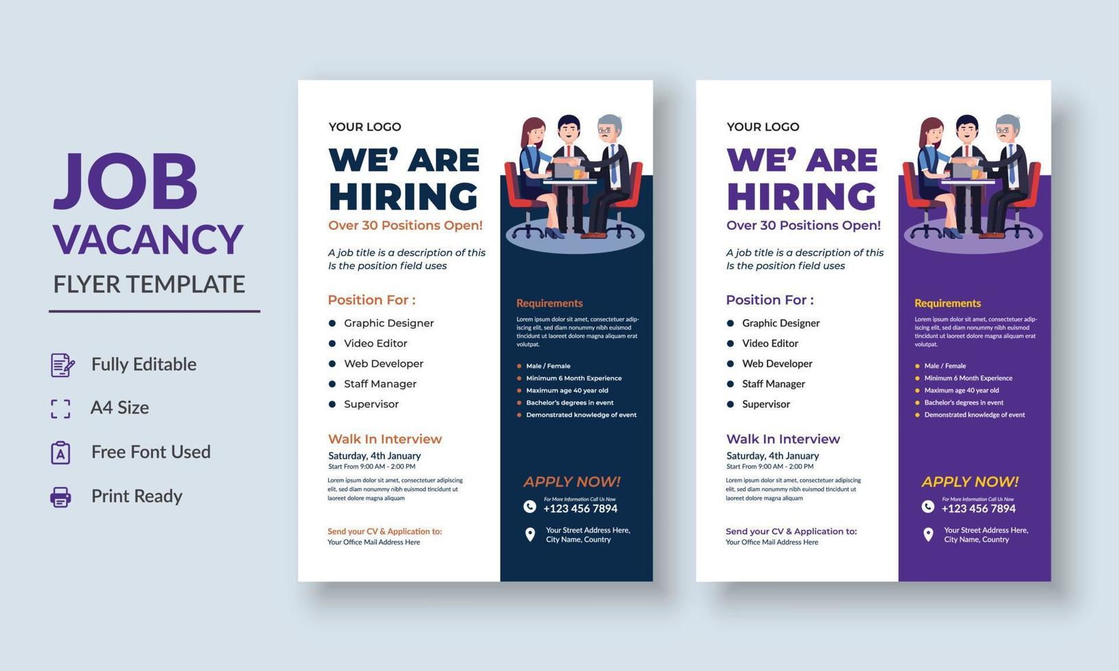 Job Vacancy Flyer Template, Job Recruitment Flyer, We are Hiring Job Flyer Template vector