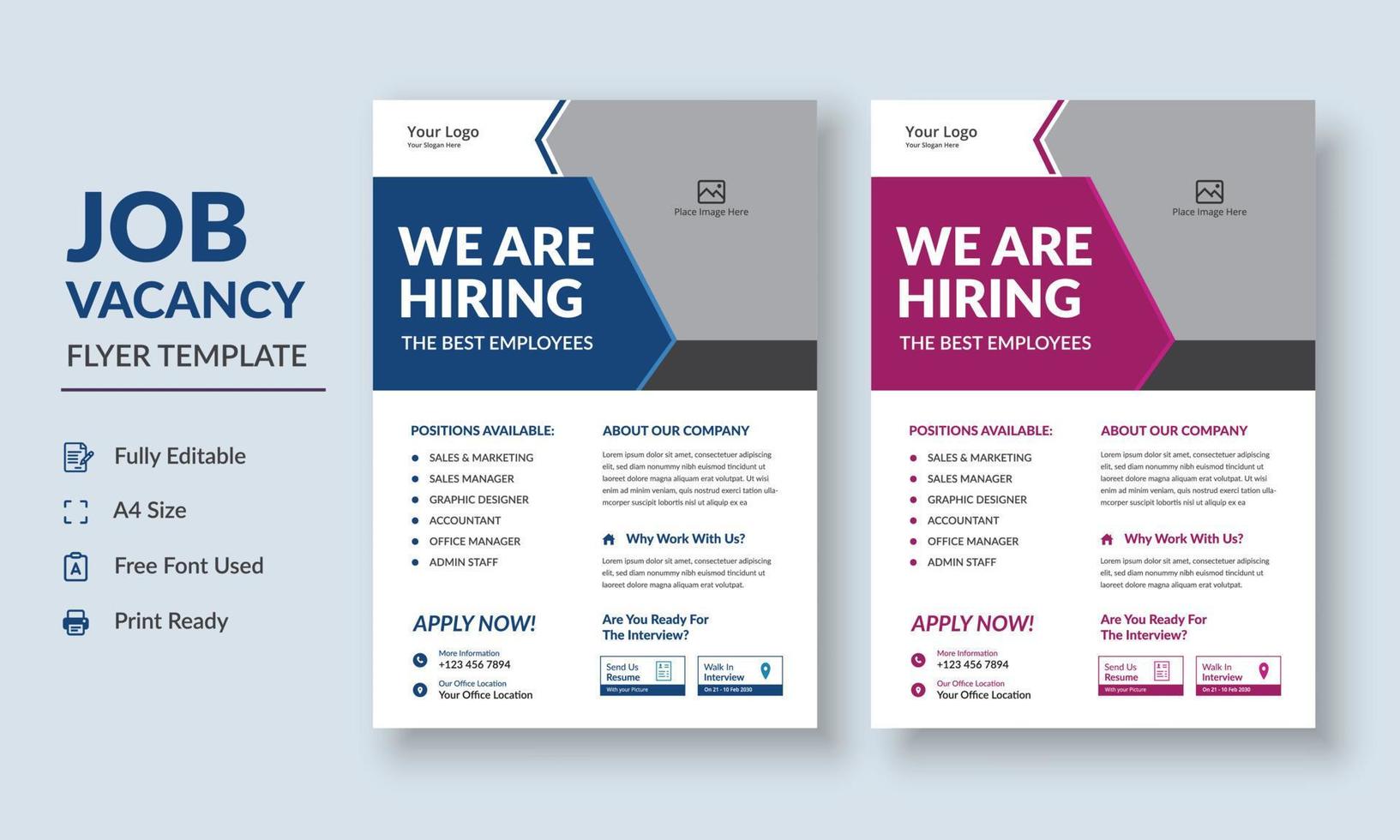 Job Vacancy Flyer Template, Job Recruitment Flyer, We are Hiring Job Flyer Template vector