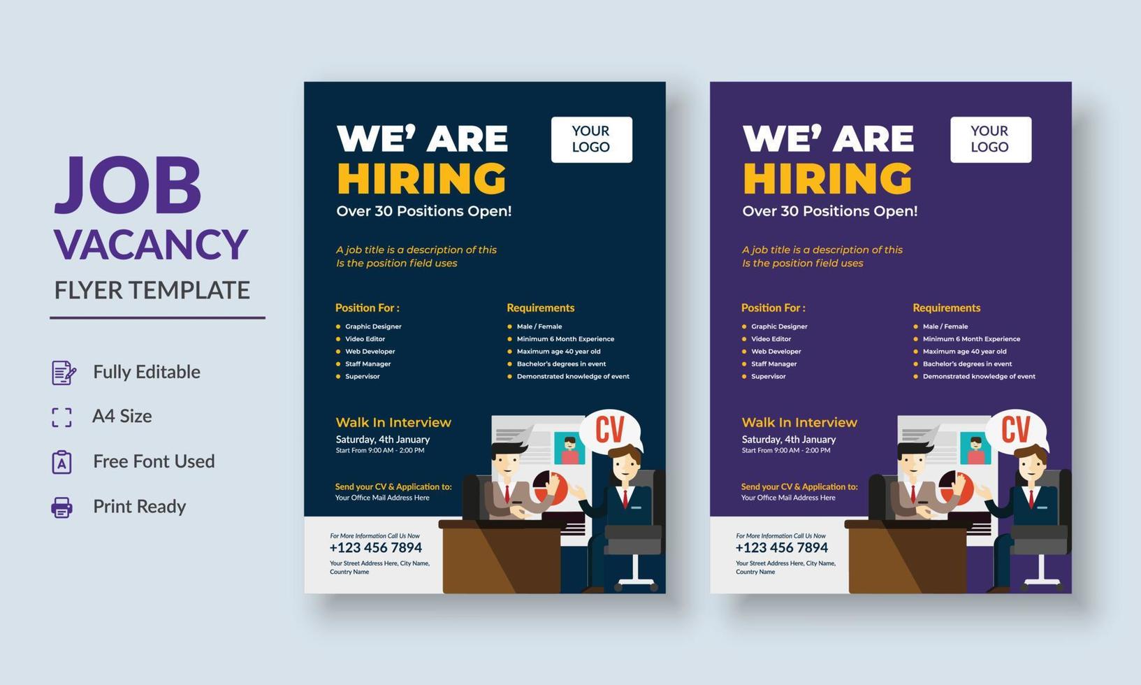 Job Vacancy Flyer Template, Job Recruitment Flyer, We are Hiring Job Flyer Template vector