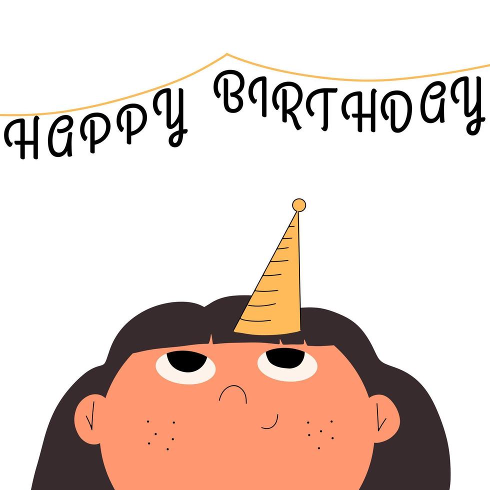 Birthday card with a child and an inscription. Vector illustration in hand drawn style