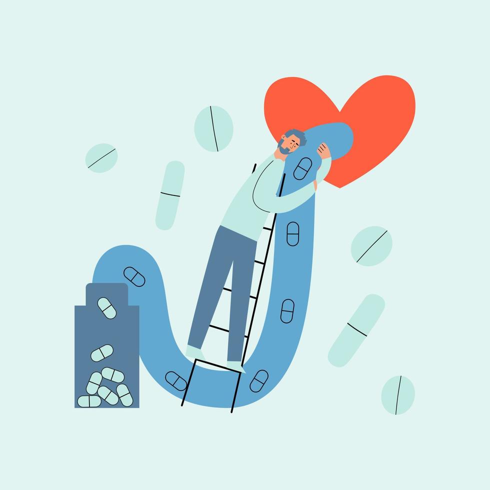 The concept of treating heart problems. Cardiologist provides first aid. Vector illustration in flat style