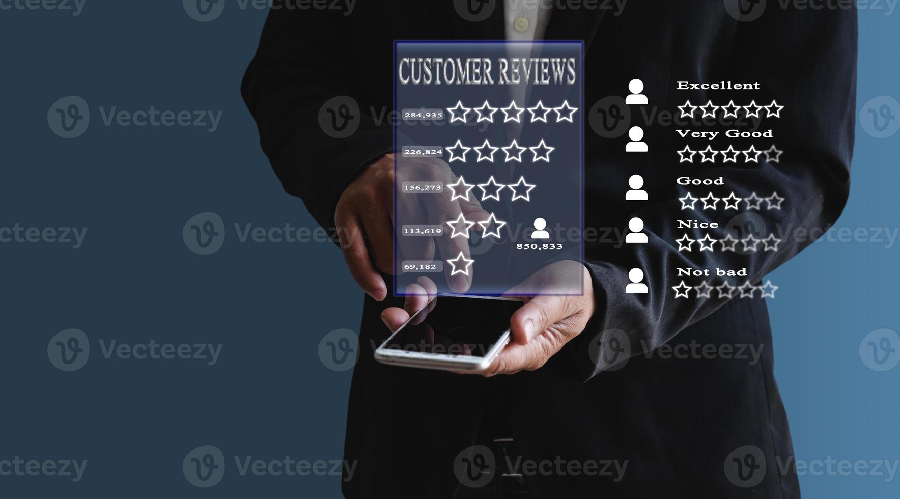 User gives rating to service experience on online application, Customer review satisfaction feedback survey concept, Customer can evaluate quality of service leading to reputation ranking of business. photo