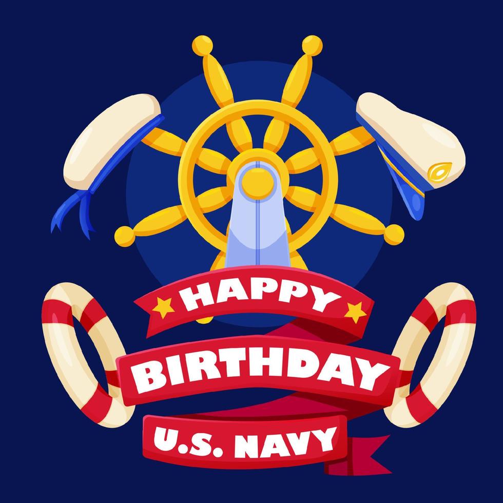 feliz cumpleaños us navy, timón de barco y sombrero de marinero vector