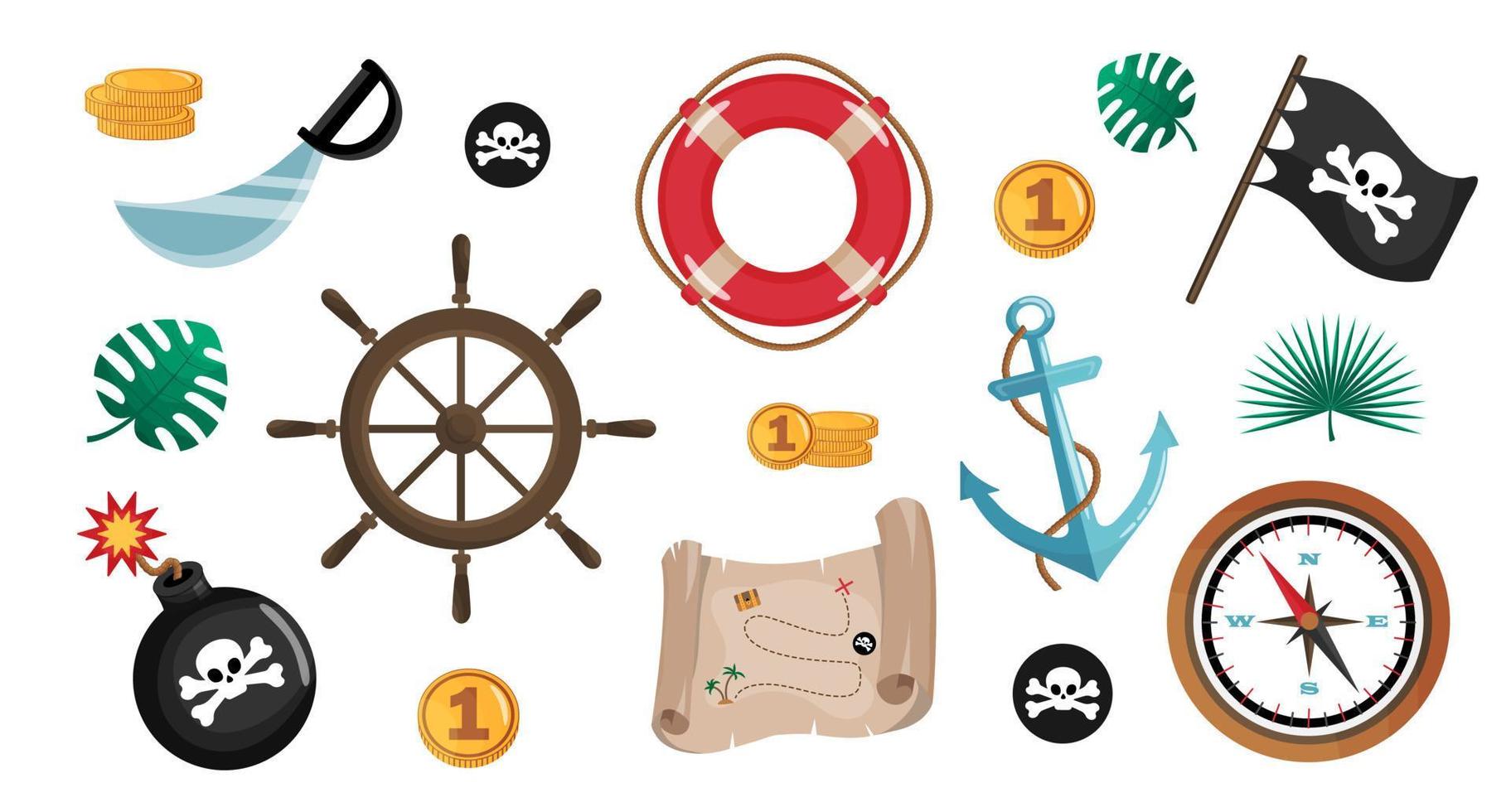 Set of pirate cartoon objects, set of icons. Collection of nautical adventure items. Flat vector illustration.