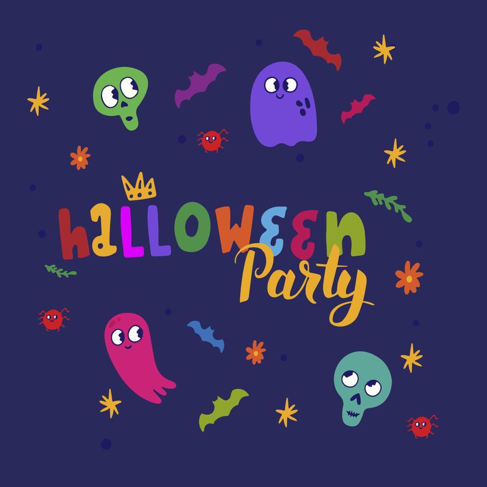 halloween, texto escrito a mano, fantasmas y decoraciones para la fiesta vector