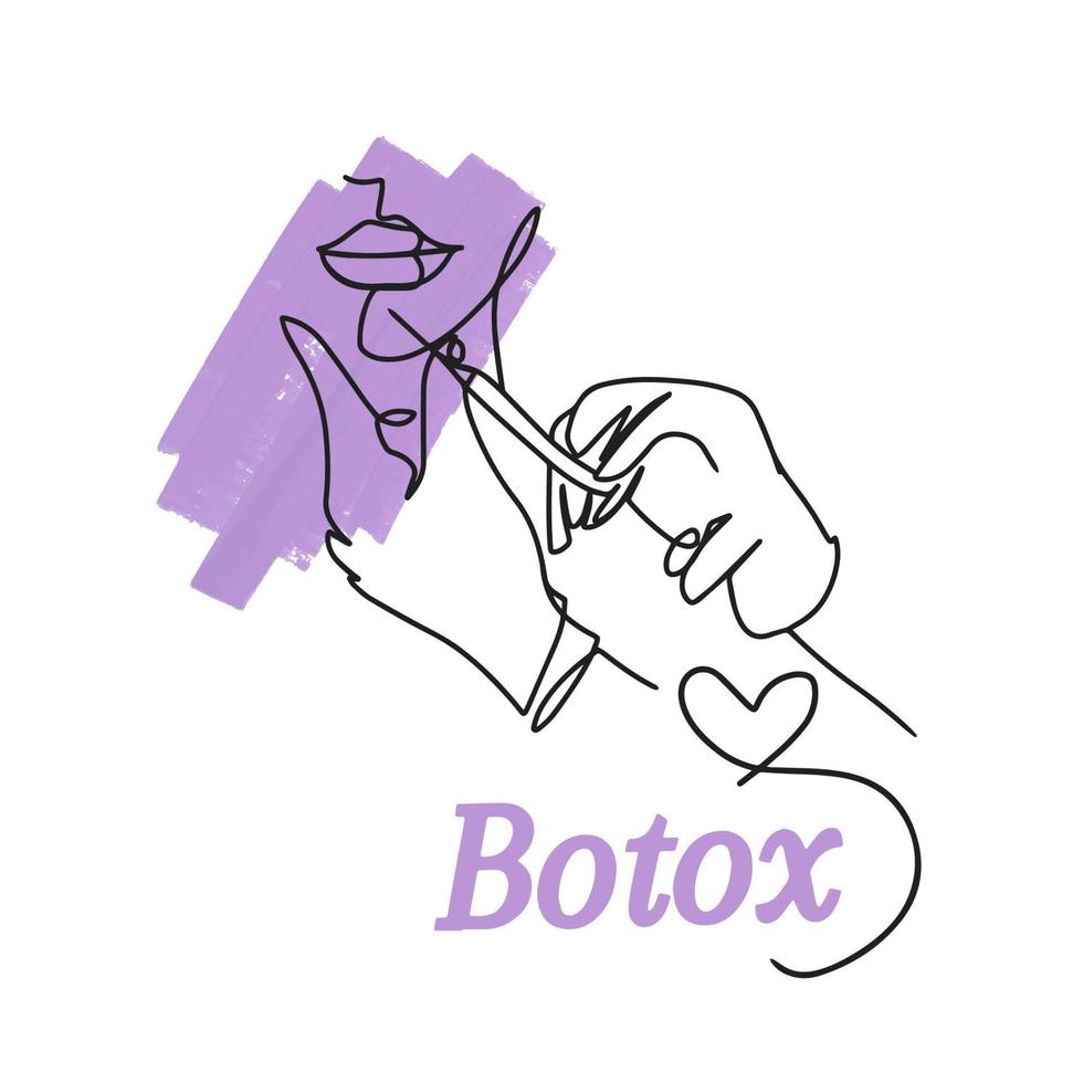 dibujo de una línea, inyección de labios, botox, letras escritas a mano, jeringa de inyección vector