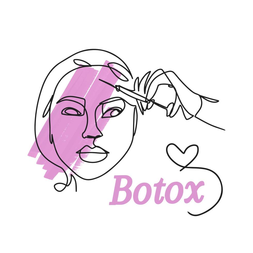One line drawing, Botox, handwritten inscriptions, a girl face, a syringe for injections in her hand vector