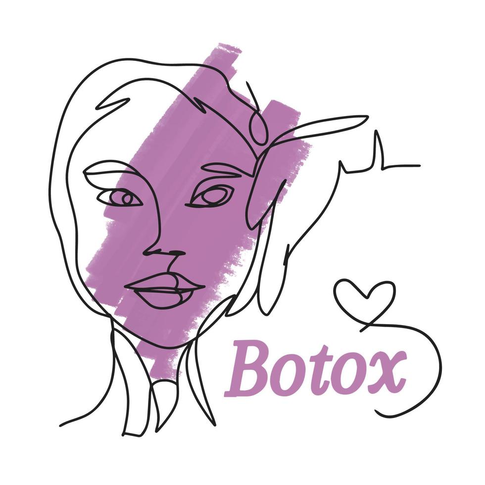 One line drawing, girls face, botox, handwritten lettering, gloved hand vector