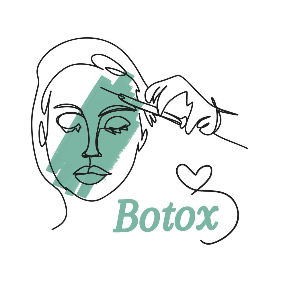 One line drawing, girls face, botox, handwritten lettering, injection syringe vector