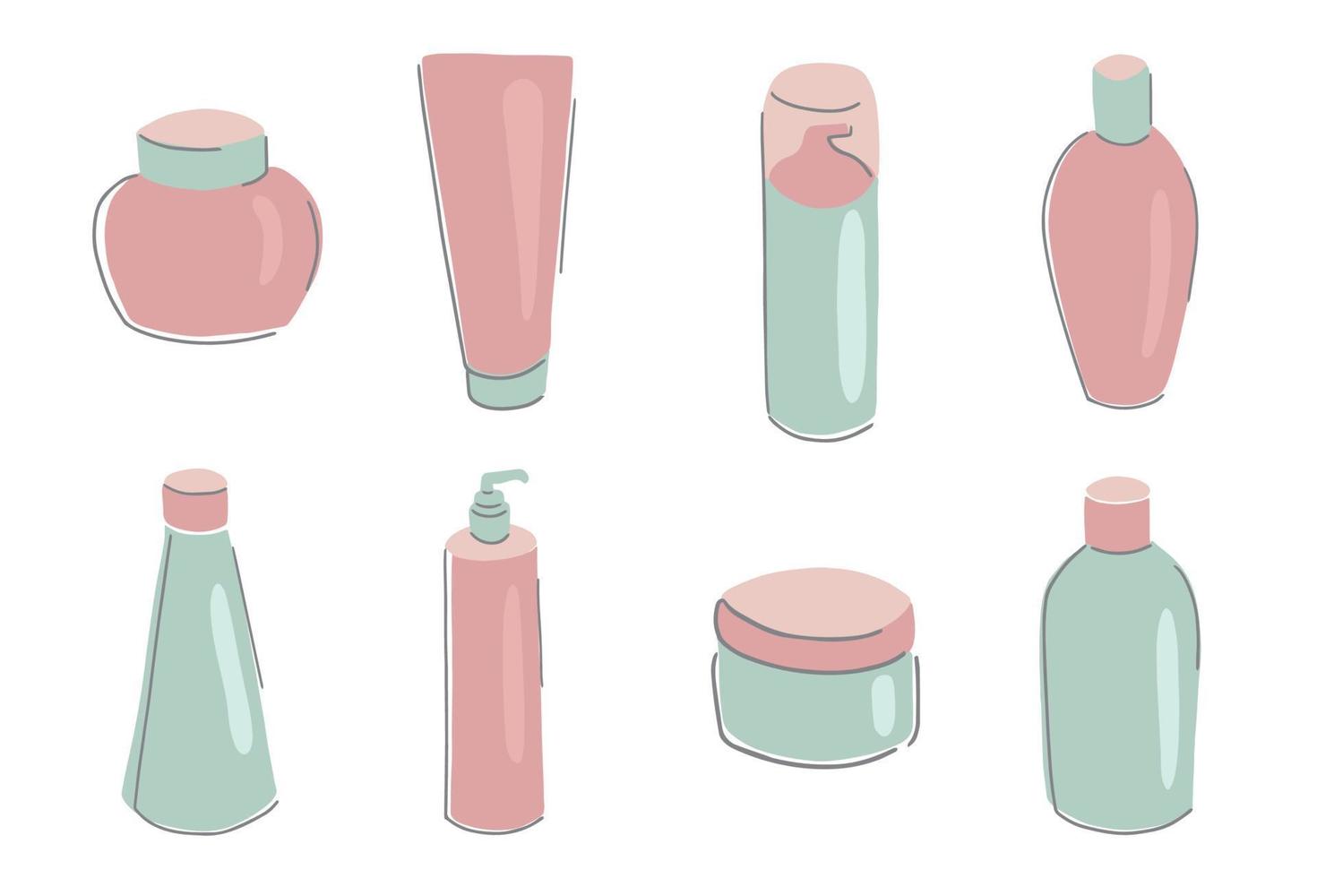 Collection of skincare product containers. Set of different tubes and bottles with cleansers, lotions, moisturizers, serums. Flat vector illustration