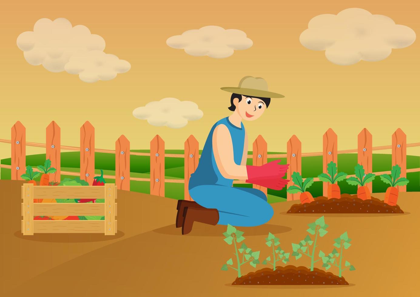 el granjero en el jardín con su cosecha de verduras vector