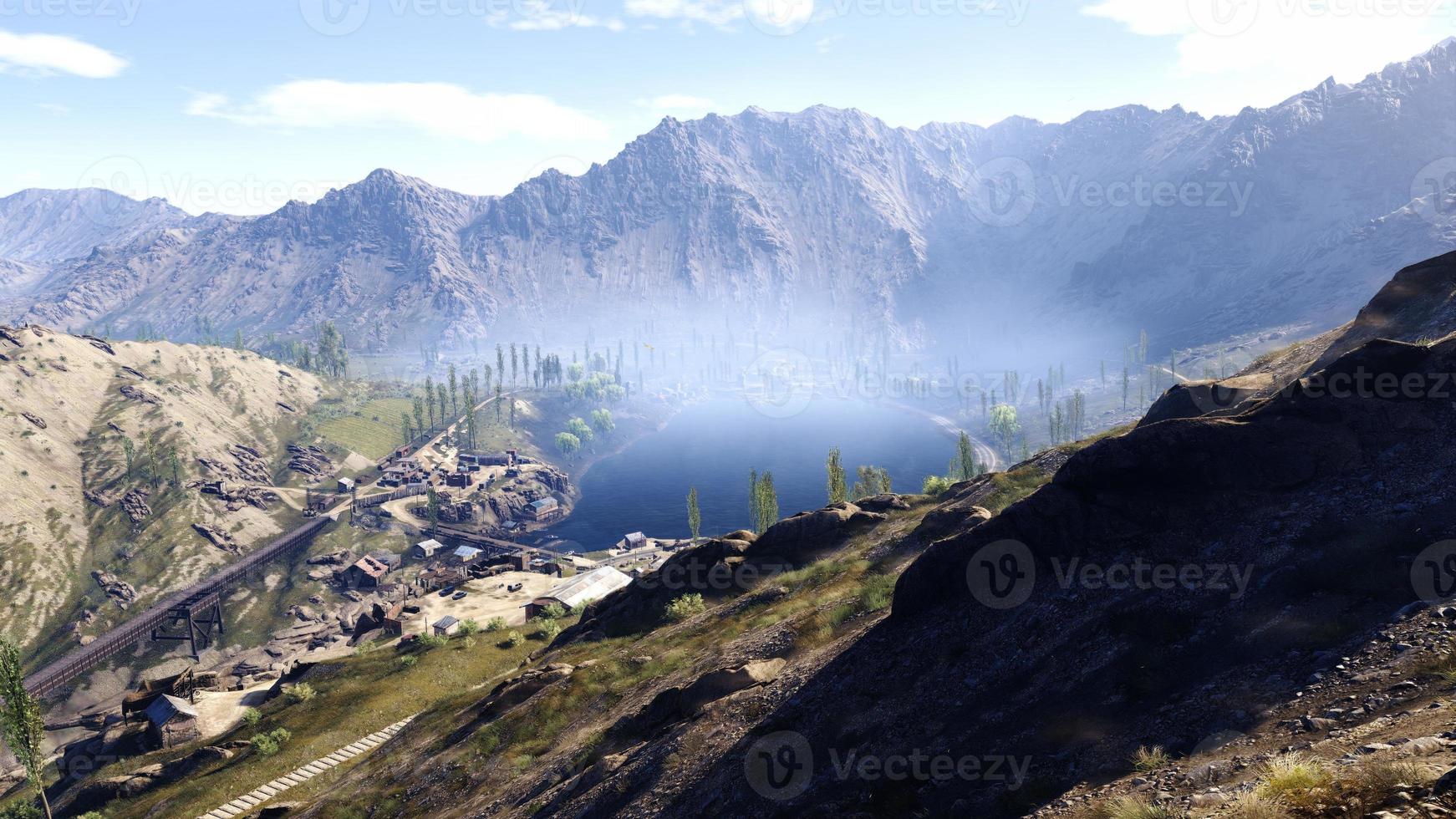 Rich natural forest area, streams, sky, mountains and various plants 3D rendering photo