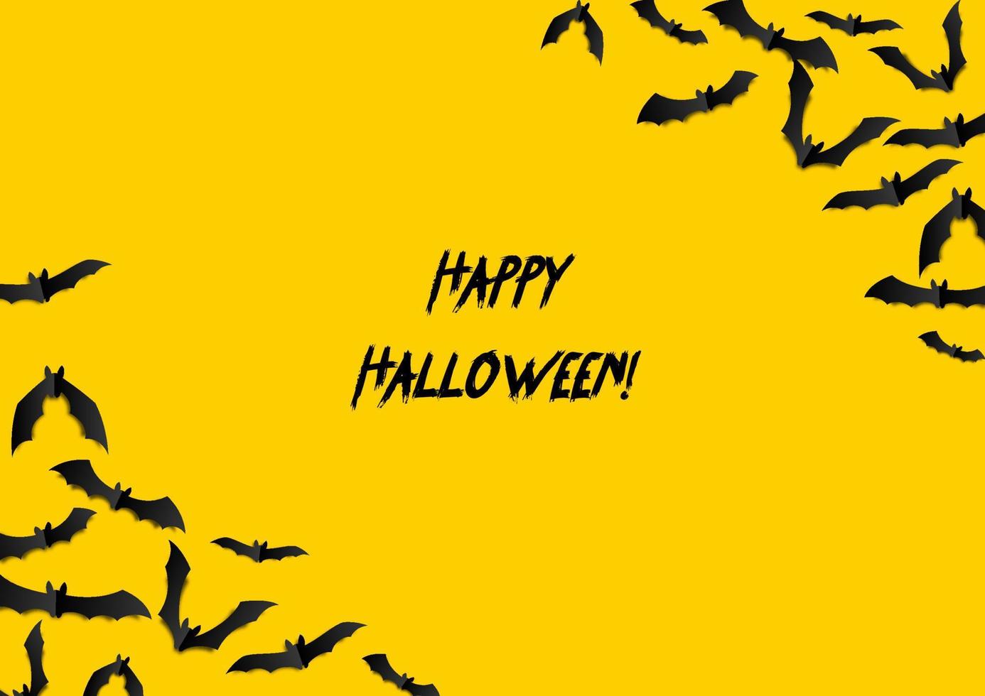 Halloween greeting card with black bats on yellow background vector