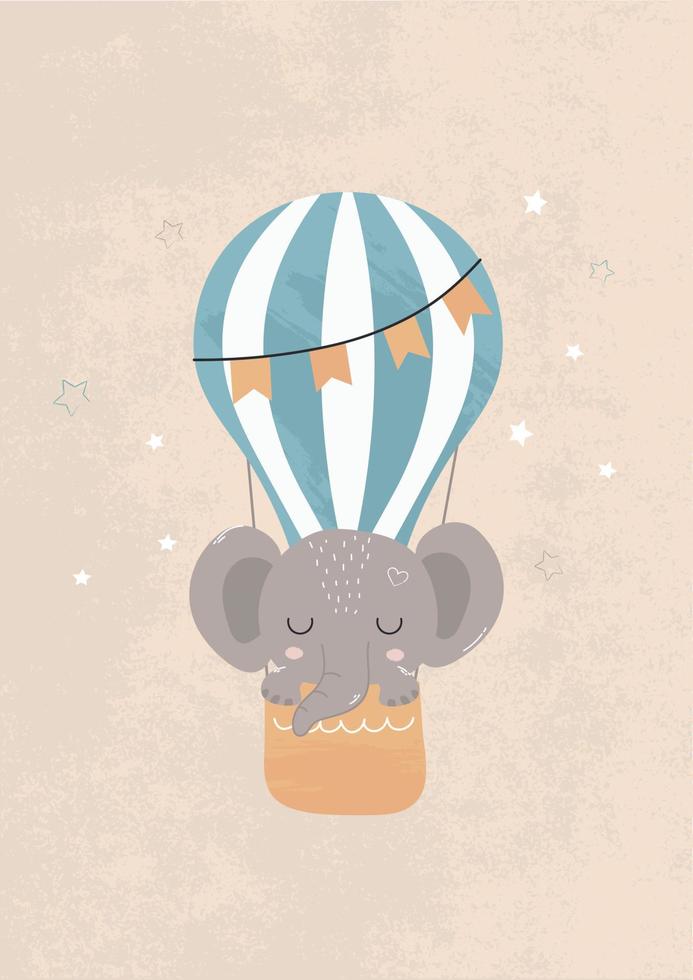 Children's illustration, animals little elephant on a balloon. For posters for children's room, postcards, banners. Vector