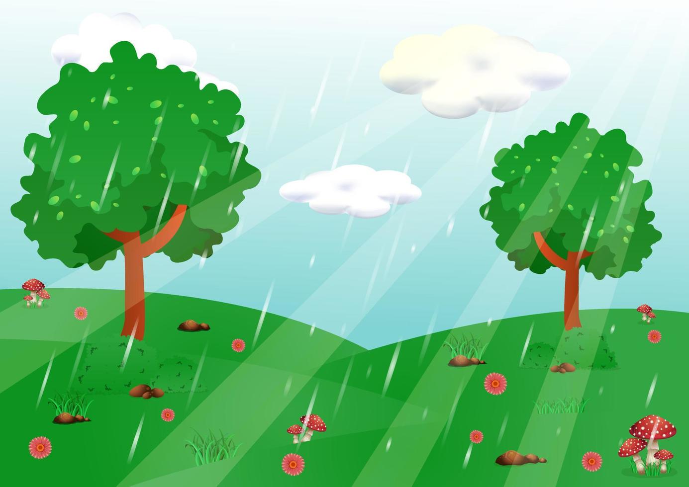 lluvia en el fondo del paisaje del jardín vector