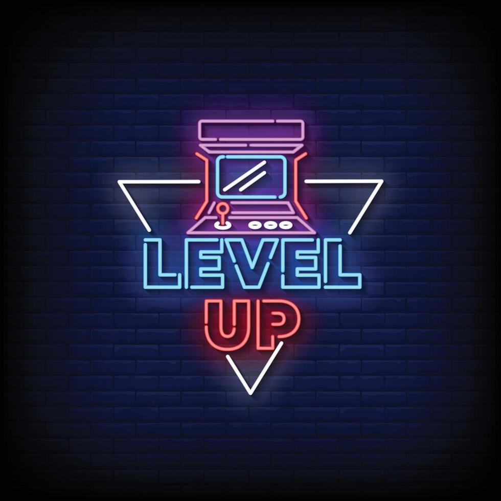 Neon Sign level up with Brick Wall Background vector