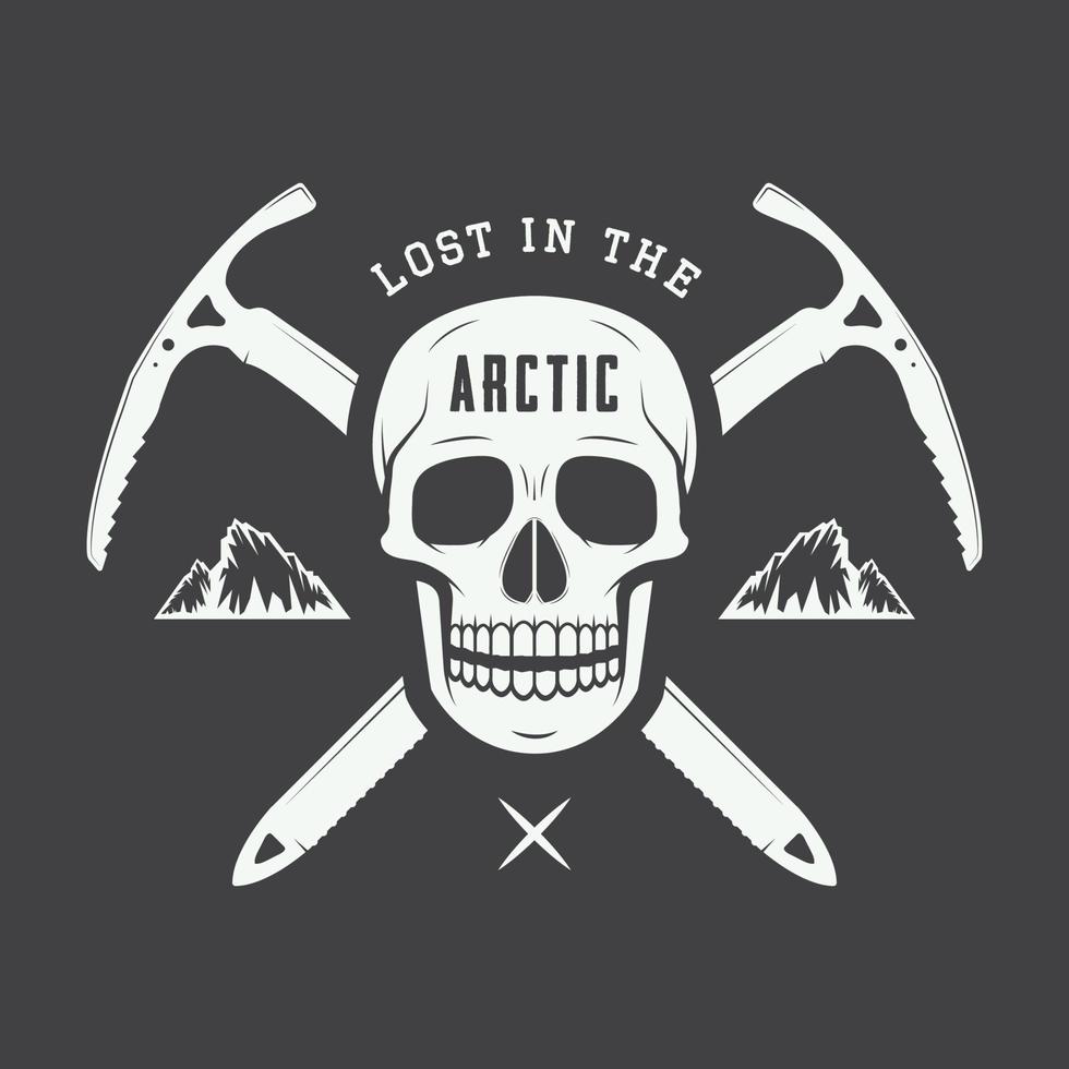 Vintage arctic skull with ice axes, mountains and slogan. Vector illustration
