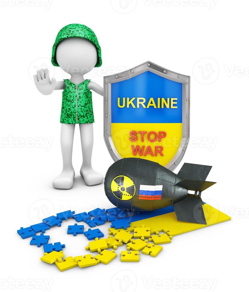 A man with a shield next to a nuclear bomb with the image of the Russian flag and puzzles in the form of the Ukrainian flag. 3d render. photo