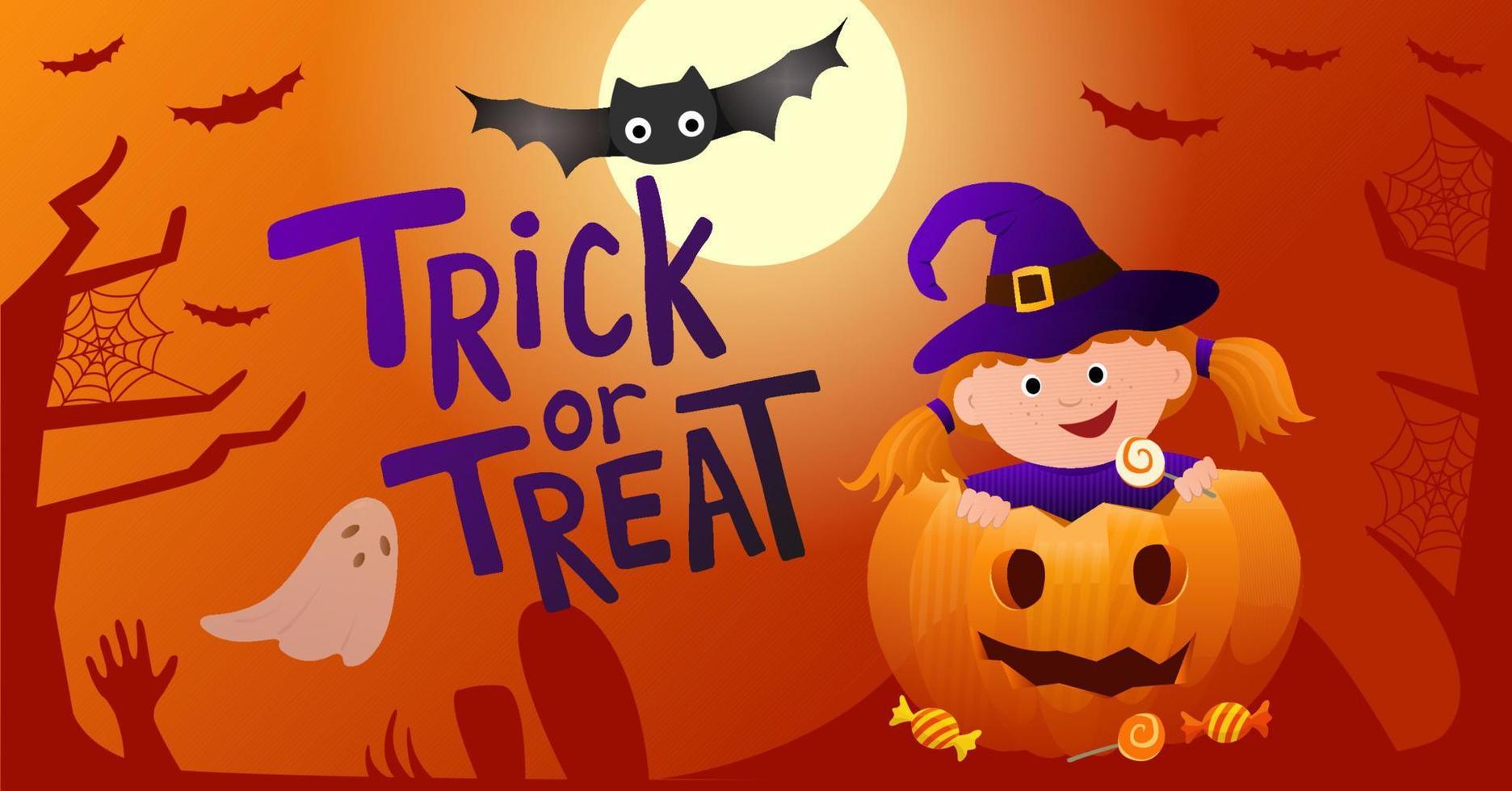 Halloween trick or treat banner design. Banner for social media post, flyer or poster. Trick or treat with cute witch girl, candy, pumpkin and bats on orange background. Spooky vector illustration.