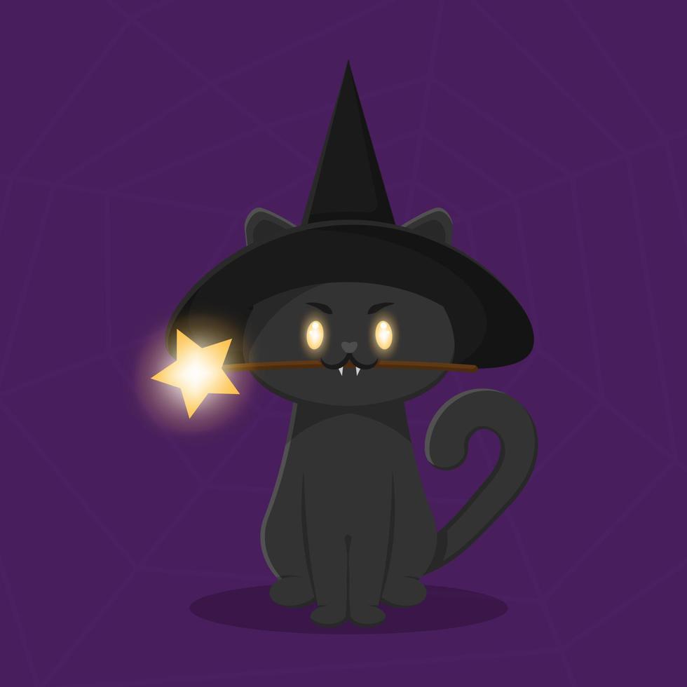 Cartoon cat in witch hat with Magic wand in mouth vector