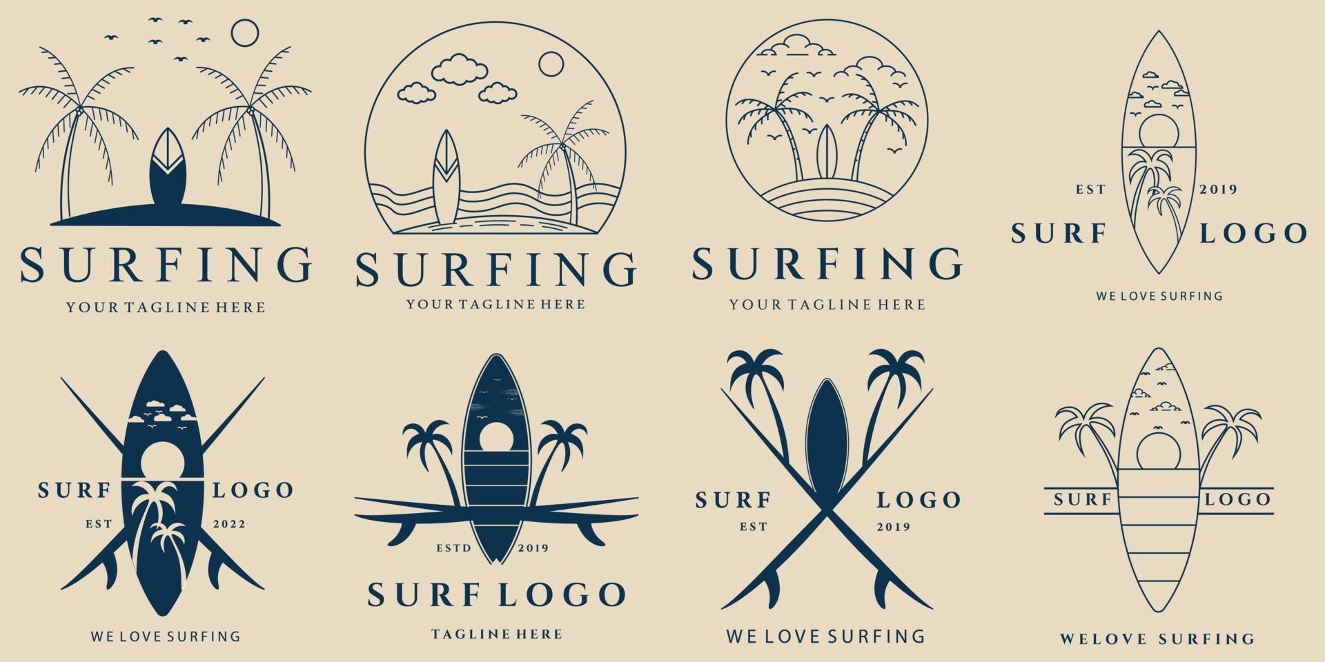 establecer surf vintage, logotipo de arte de línea, icono y símbolo, con diseño de ilustración de vector de emblema