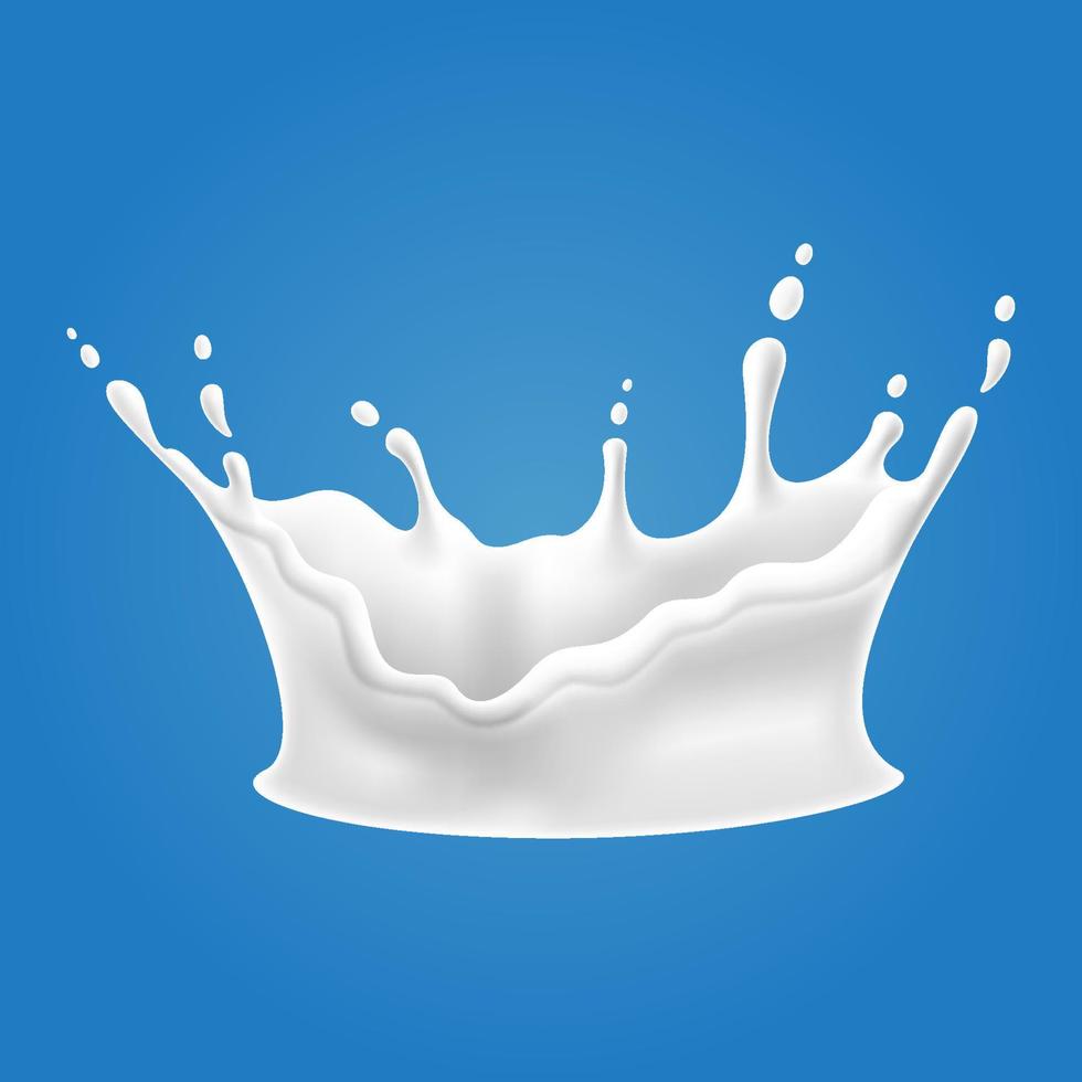 Vector illustrations of milk splash and pouring, realistic natural dairy products, yogurt or cream, isolated on blue background.