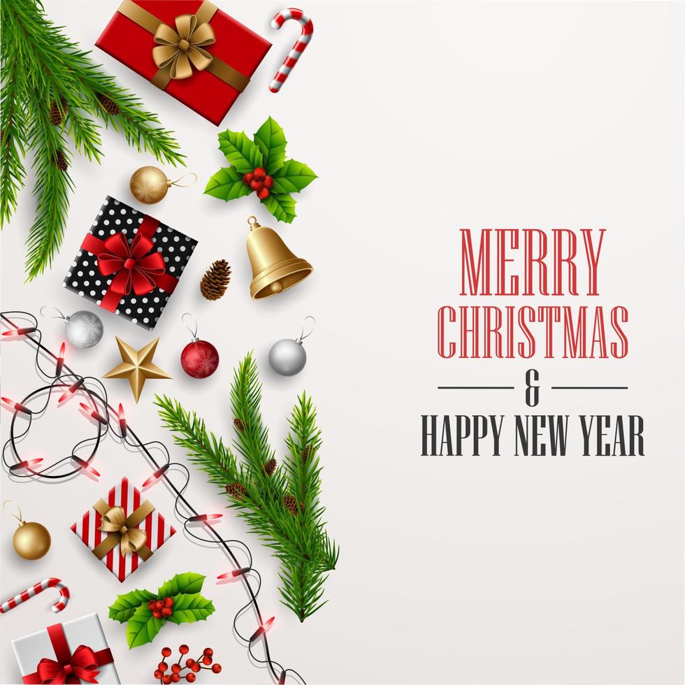 Christmas and Happy new year greeting card Composition of Elements with Christmas Decorations. vector