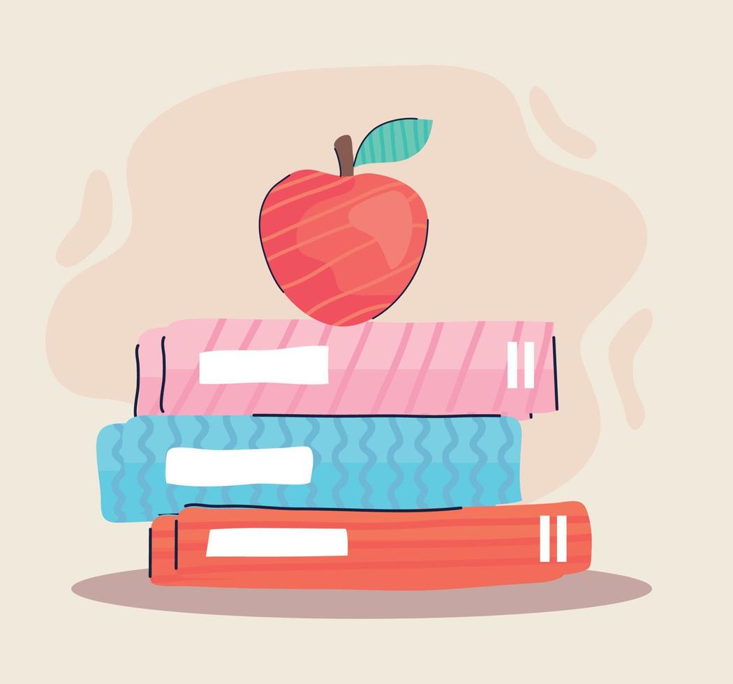 pile text books supplies with apple fresh fruit vector