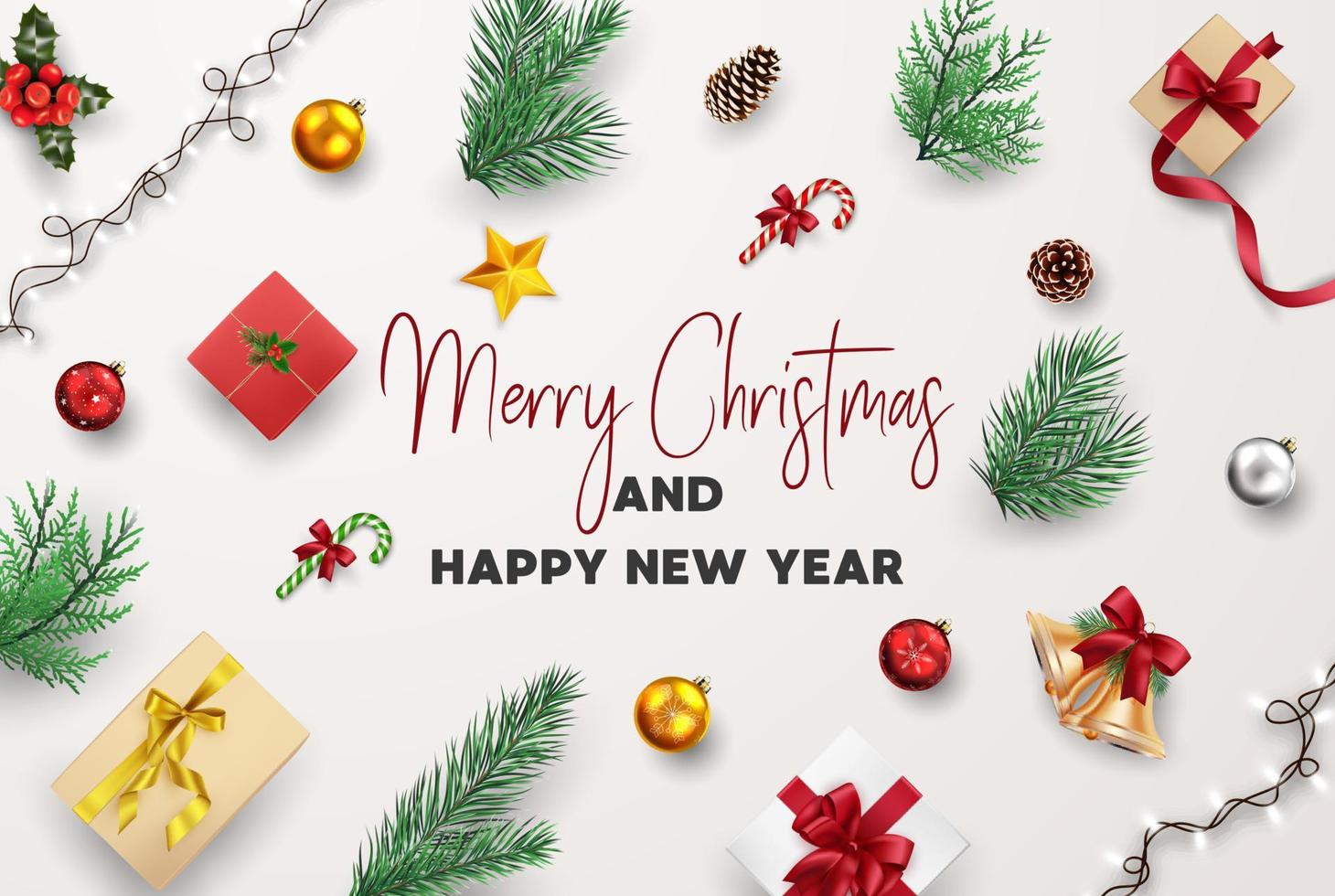Composición de tarjetas de felicitación de navidad y feliz año nuevo de elementos con adornos navideños. vector