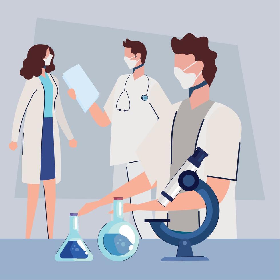 doctors staff wearing medical masks and laboratory icons vector