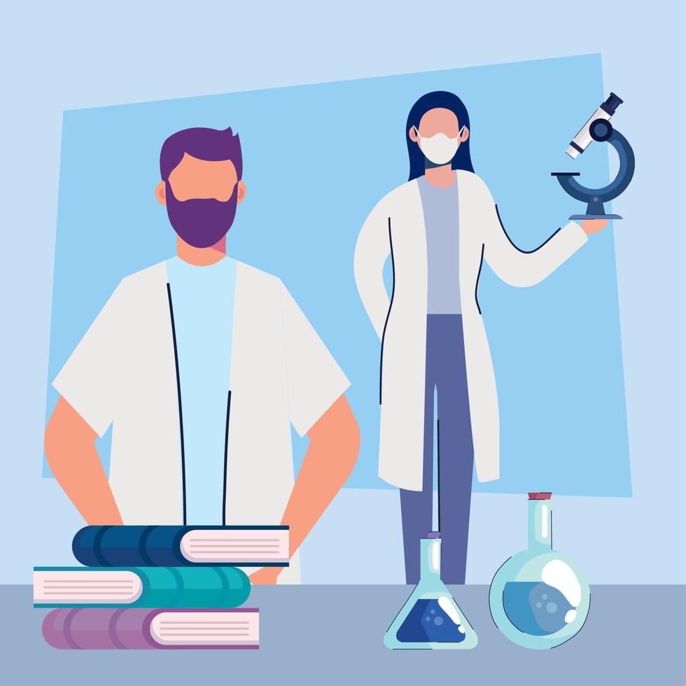 pareja de médicos con máscaras médicas con libros e íconos de laboratorio vector
