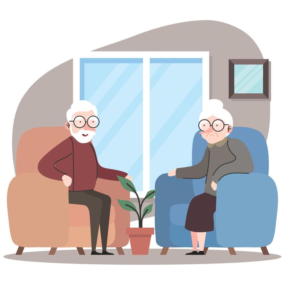 cute grandparents couple seated in sofa characters vector