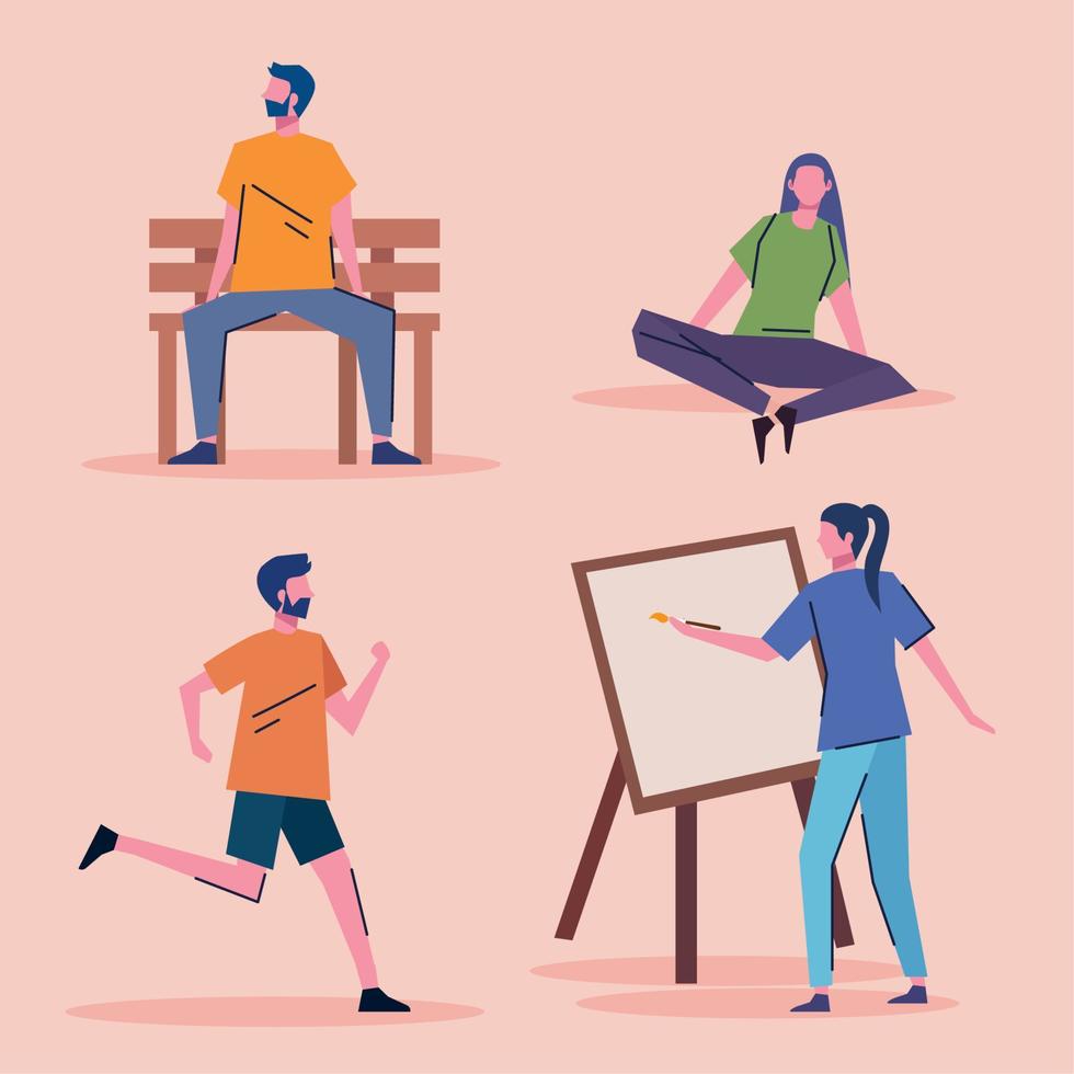 bundle of young people practicing activities characters vector