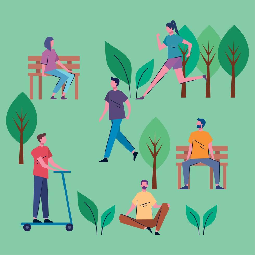 young people practicing activities in the park scene vector