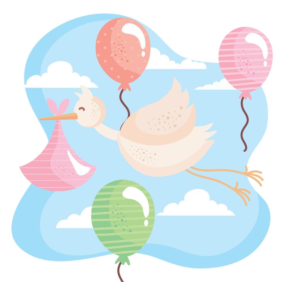 stork flying with baby bag and balloons helium vector