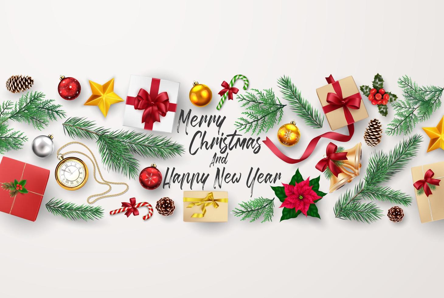 Christmas and Happy new year greeting card Composition of Elements with Christmas Decorations. vector