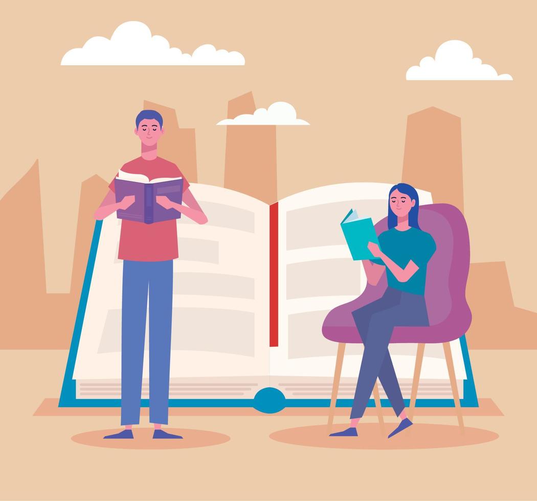 couple readers reading books standing and seated characters vector