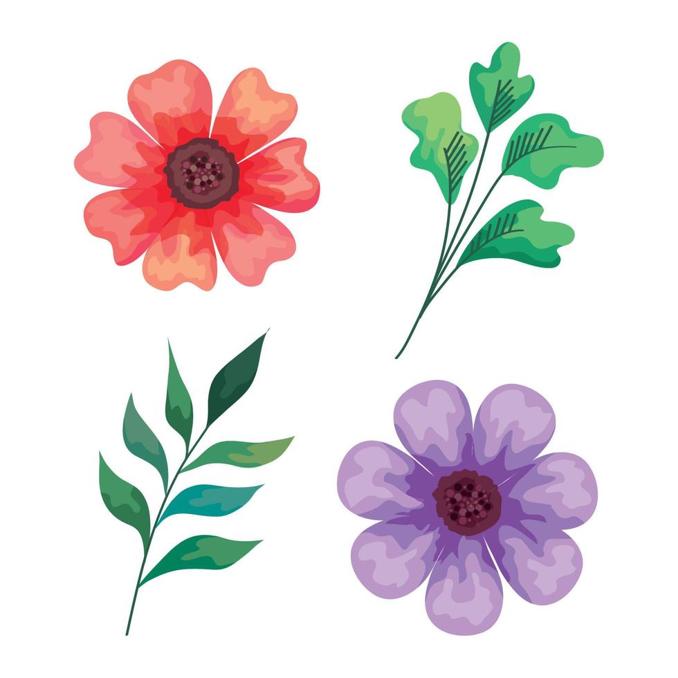 hermosos iconos decorativos de flores y ramas vector